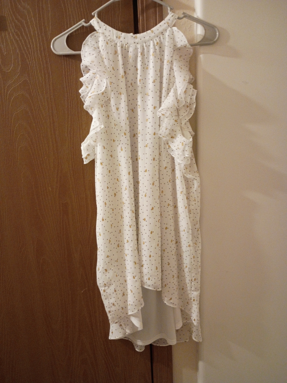 White Ruffle High-Low with Gold Dot Print